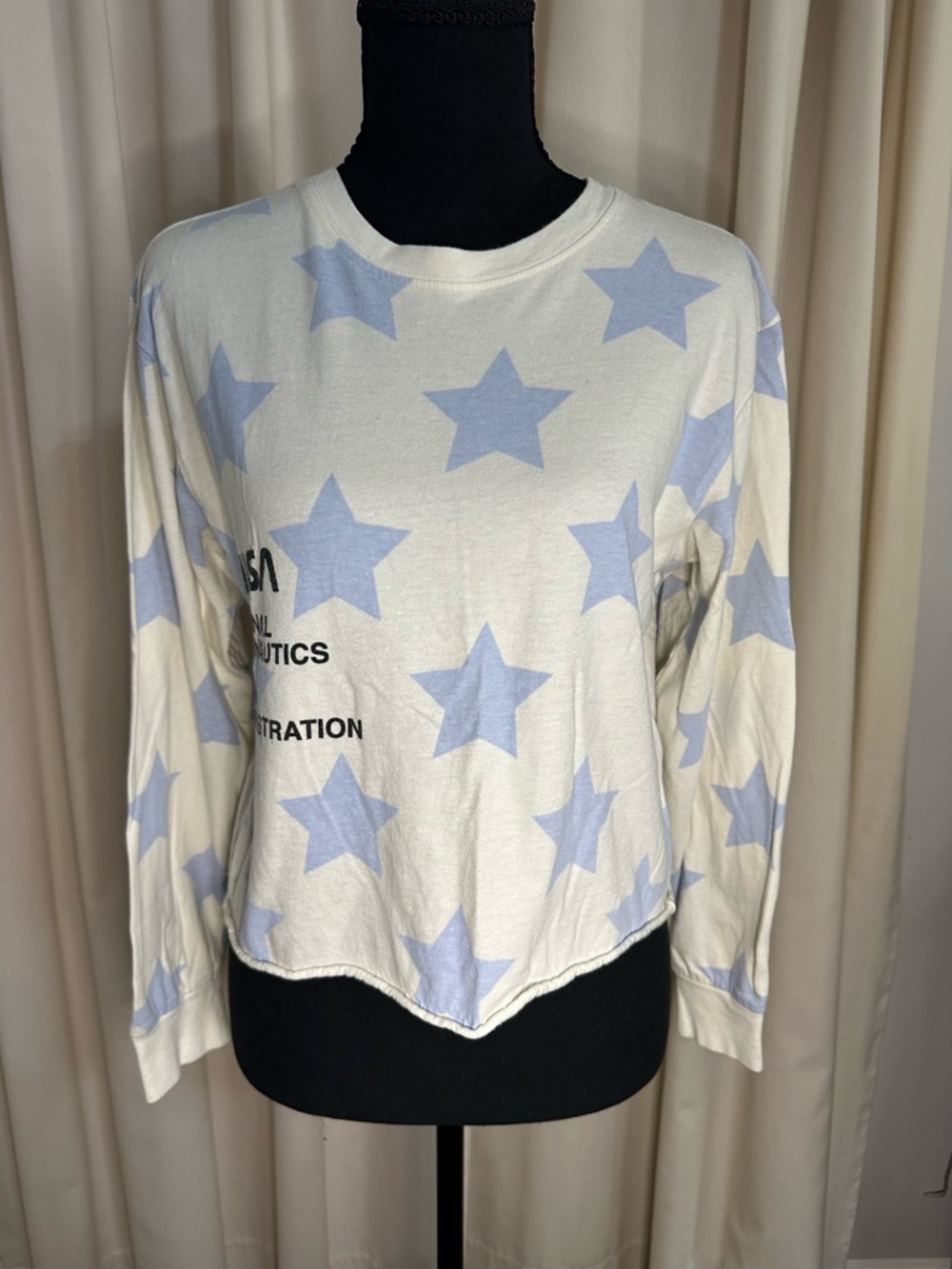 White Star Print Long Sleeve Top with Light Blue Stars